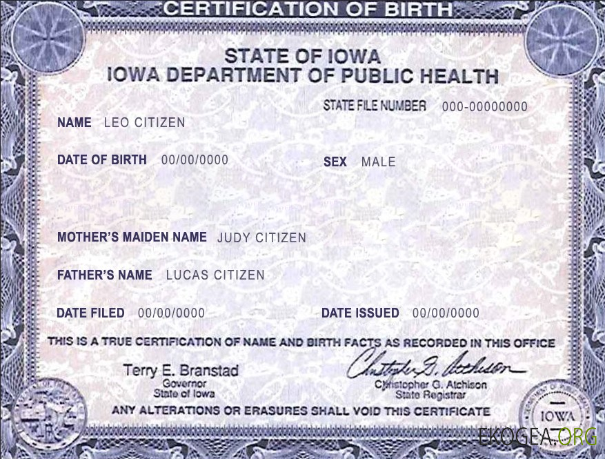 Modèle de certificat de naissance de l'État de l'Iowa aux États Unis au format PSD